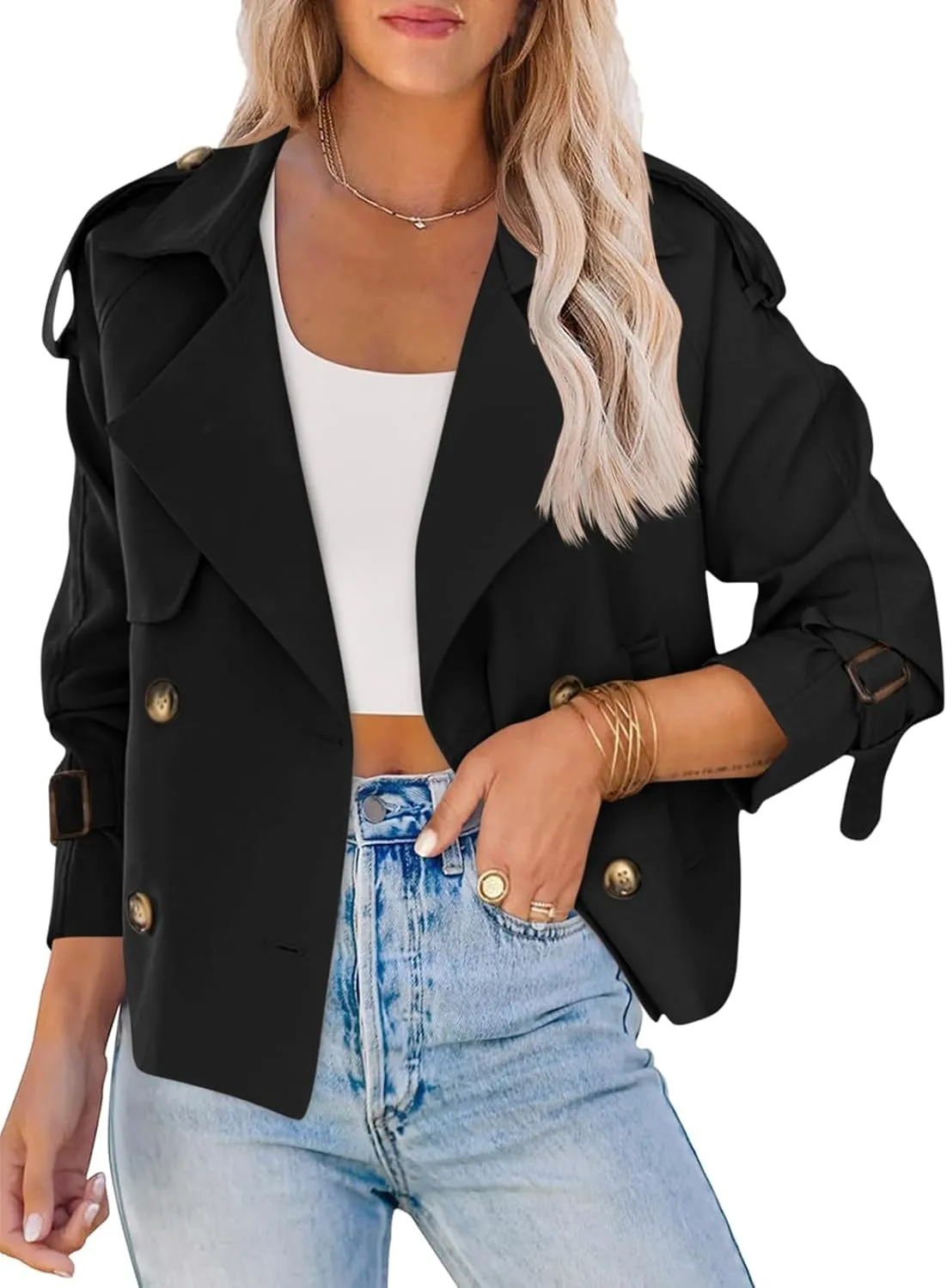 Saodimallsu Women Crop Double Breasted Trench Coat Raglan Sleeve Work Office Cropped Jacket With Pockets