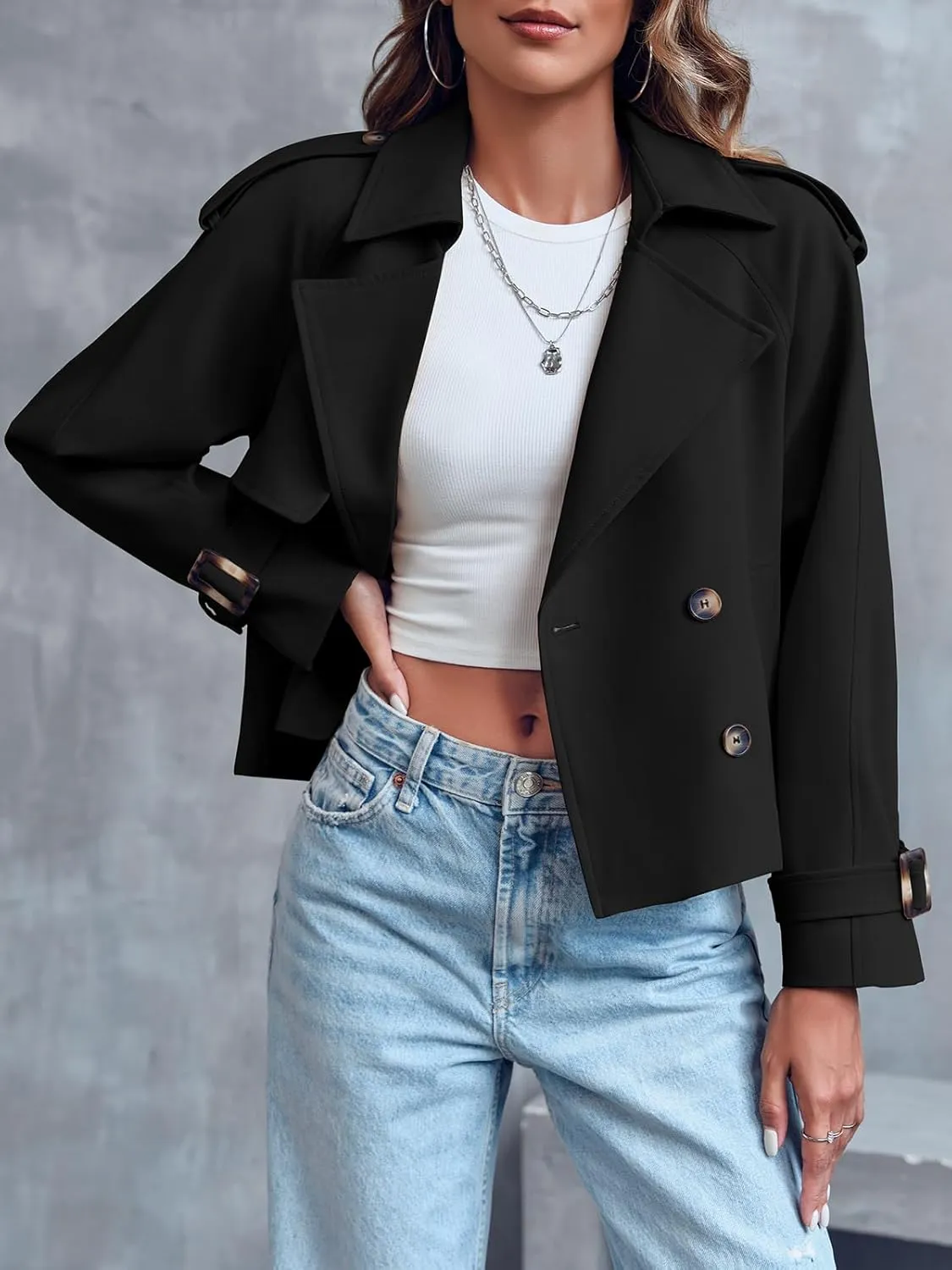 Saodimallsu Women Crop Double Breasted Trench Coat Raglan Sleeve Work Office Cropped Jacket With Pockets