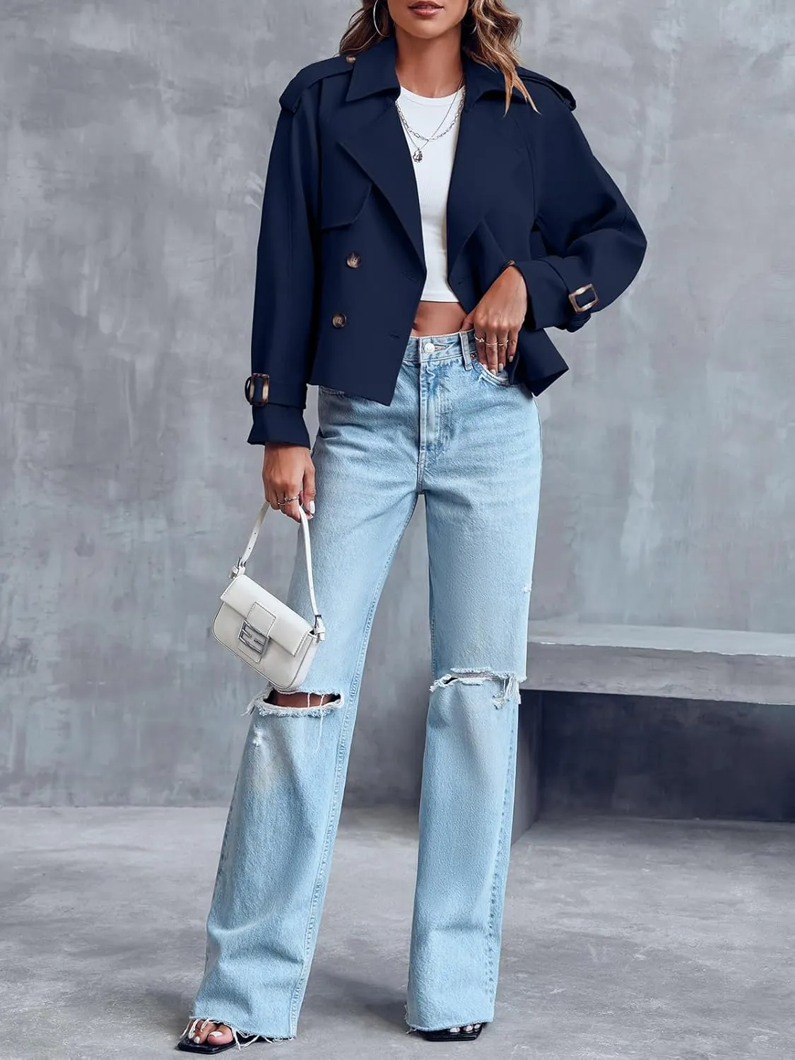 Saodimallsu Women Crop Double Breasted Trench Coat Raglan Sleeve Work Office Cropped Jacket With Pockets