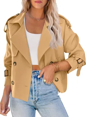 Saodimallsu Women Crop Double Breasted Trench Coat Raglan Sleeve Work Office Cropped Jacket With Pockets