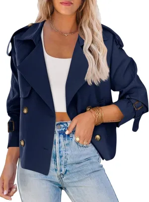Saodimallsu Women Crop Double Breasted Trench Coat Raglan Sleeve Work Office Cropped Jacket With Pockets