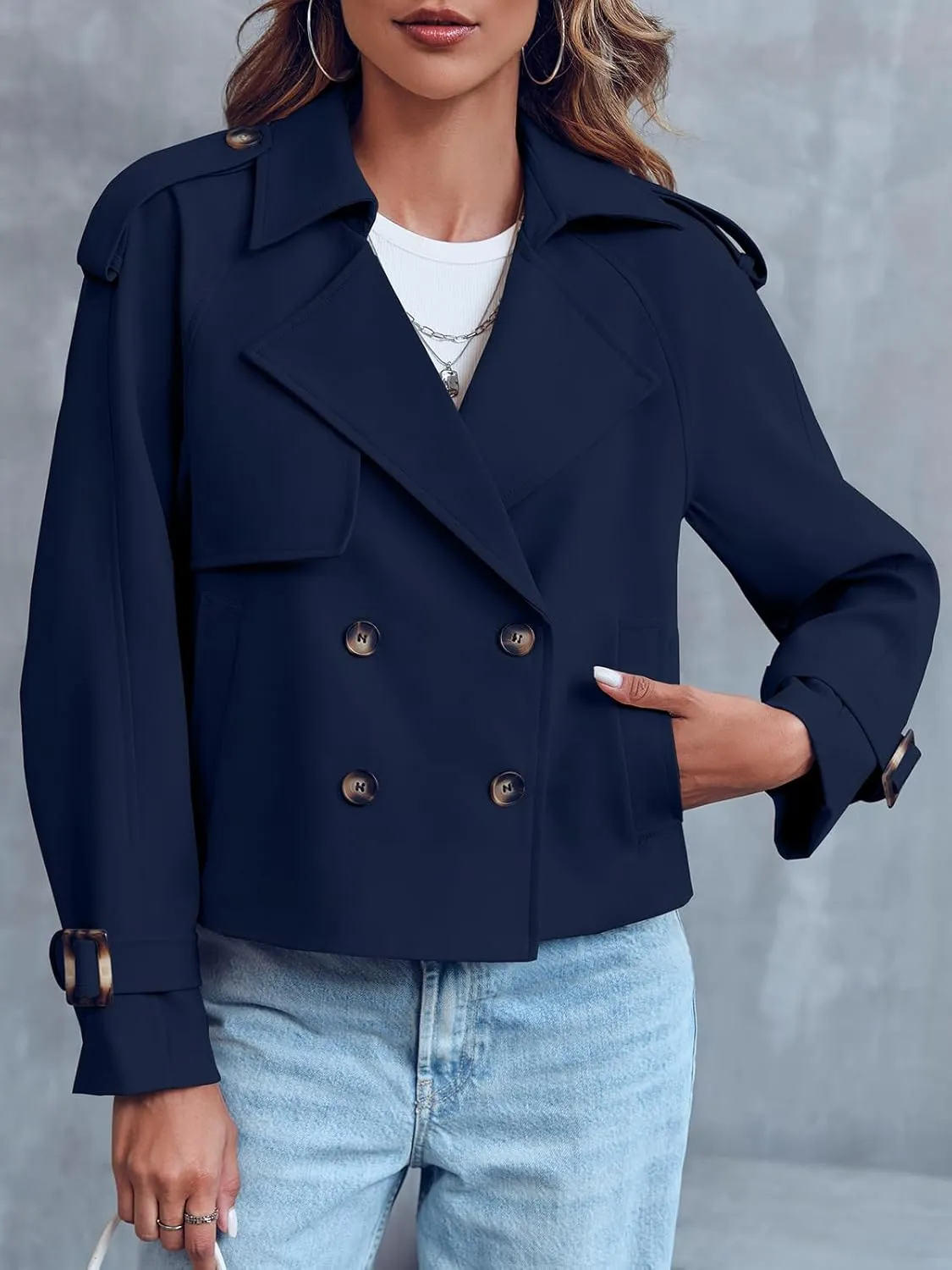 Saodimallsu Women Crop Double Breasted Trench Coat Raglan Sleeve Work Office Cropped Jacket With Pockets