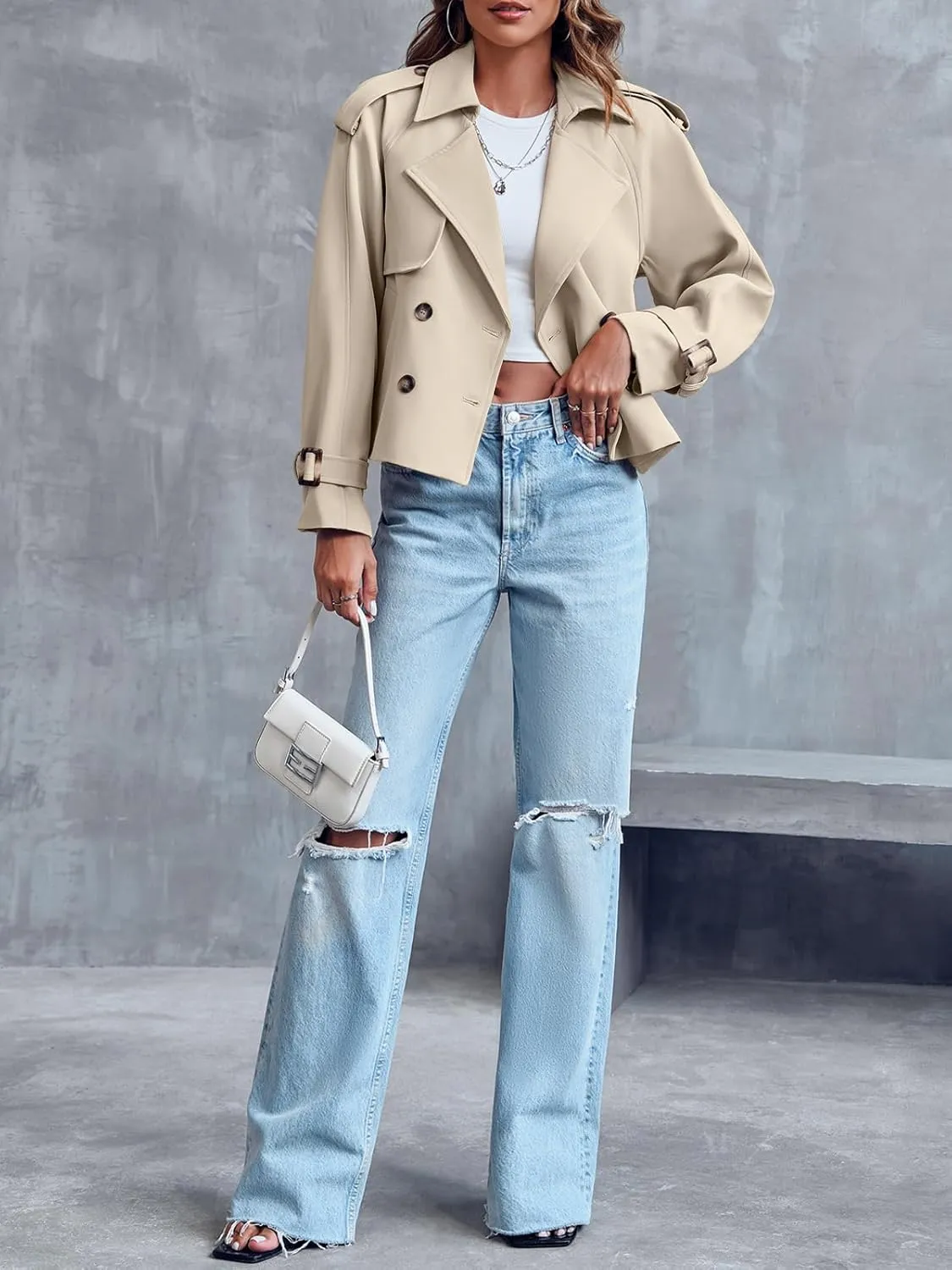Saodimallsu Women Crop Double Breasted Trench Coat Raglan Sleeve Work Office Cropped Jacket With Pockets