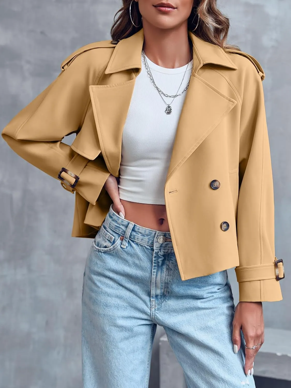 Saodimallsu Women Crop Double Breasted Trench Coat Raglan Sleeve Work Office Cropped Jacket With Pockets
