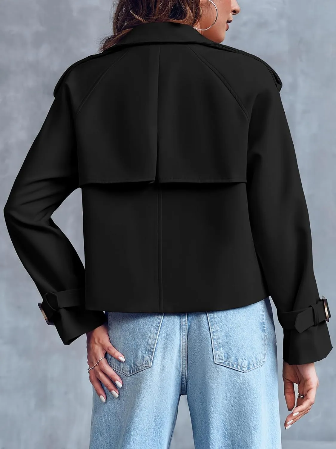 Saodimallsu Women Crop Double Breasted Trench Coat Raglan Sleeve Work Office Cropped Jacket With Pockets