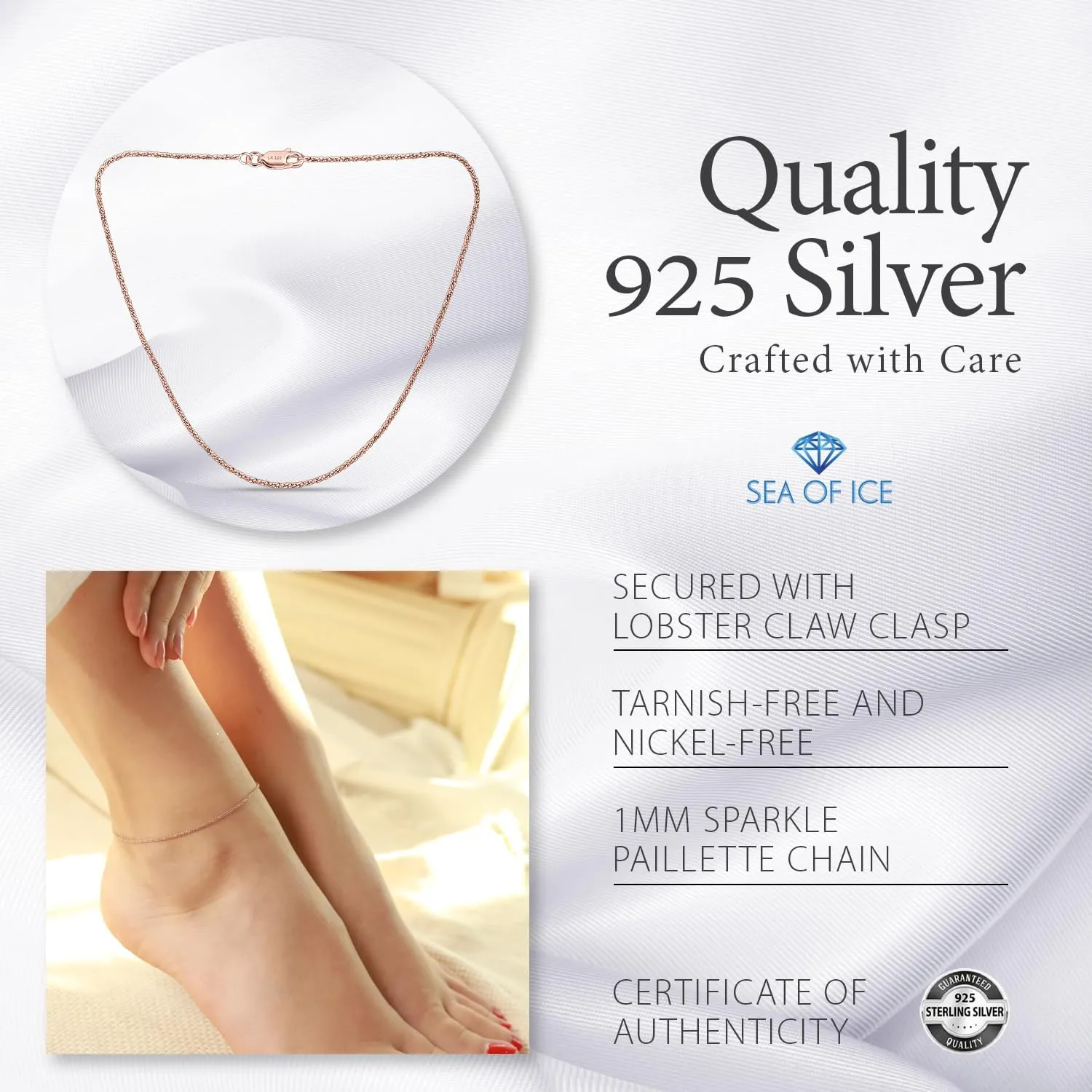 SEA OF ICE Sterling Silver Sparkle Rock Chain Anklet for Women, Italian made chain - 2mm Anklet size 9", 10" and 11" women anklet jewelry