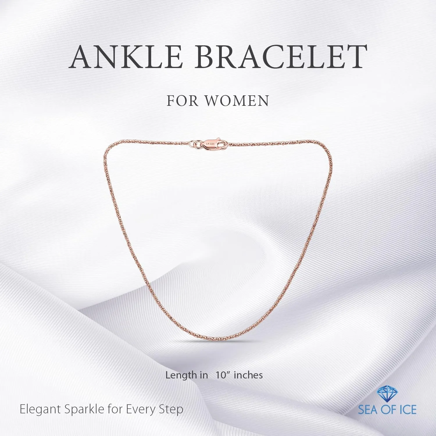SEA OF ICE Sterling Silver Sparkle Rock Chain Anklet for Women, Italian made chain - 2mm Anklet size 9", 10" and 11" women anklet jewelry