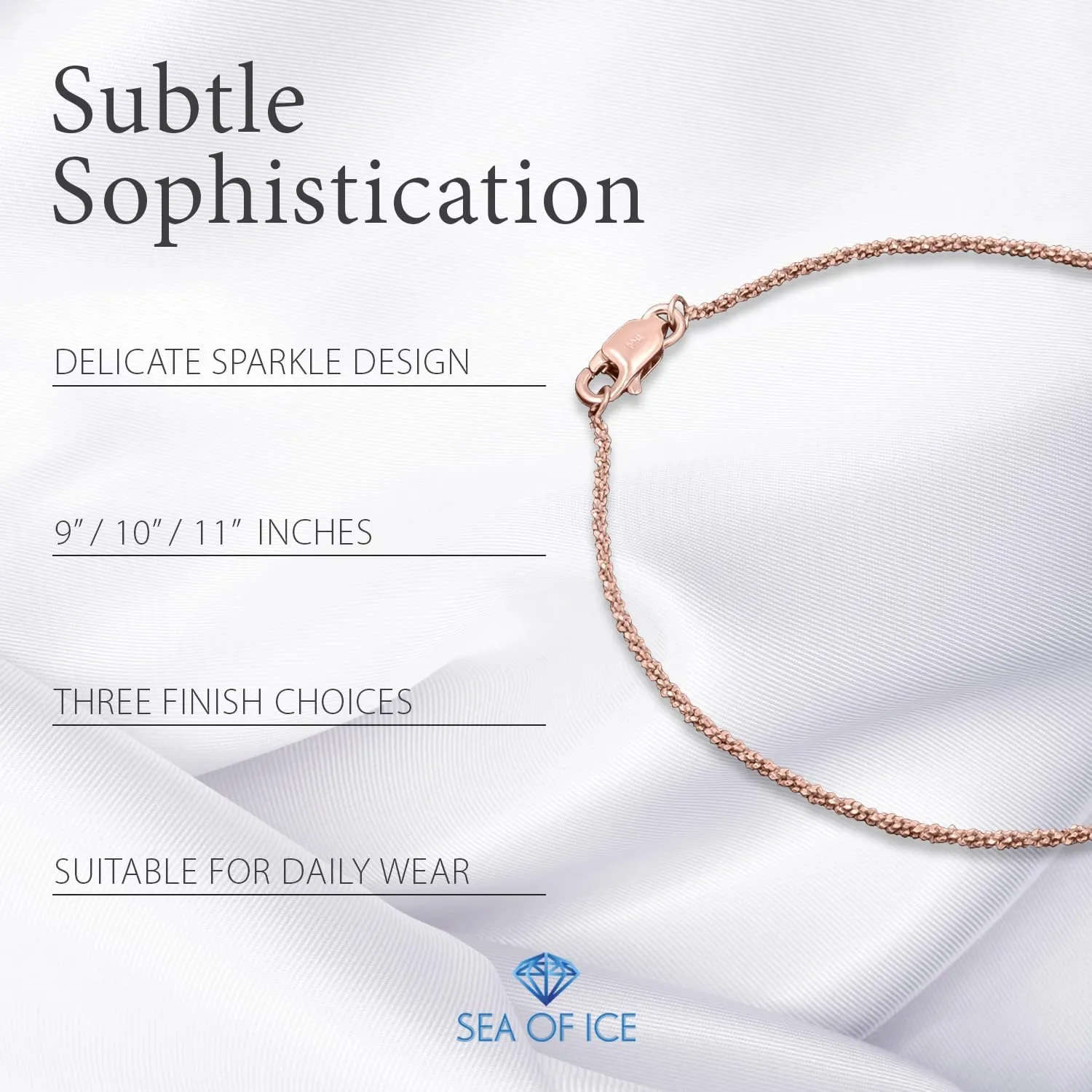 SEA OF ICE Sterling Silver Sparkle Rock Chain Anklet for Women, Italian made chain - 2mm Anklet size 9", 10" and 11" women anklet jewelry