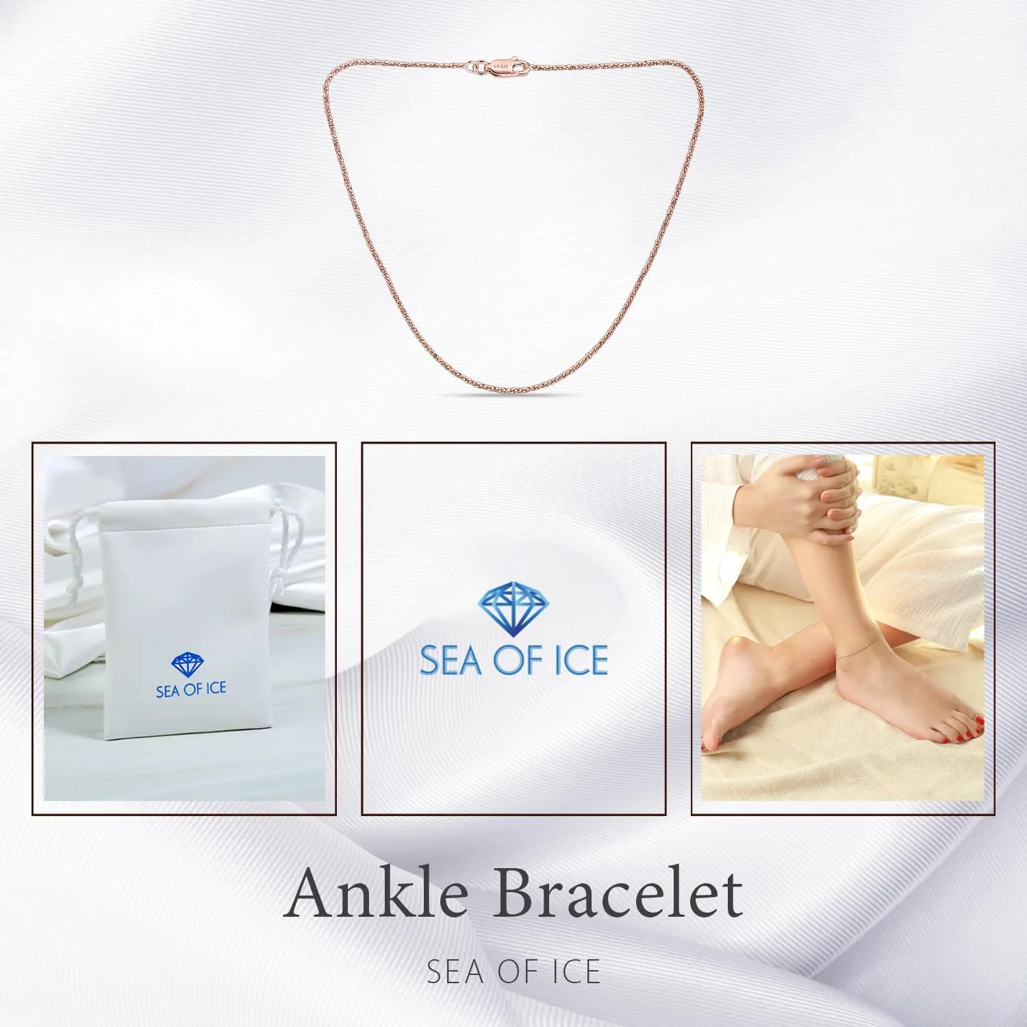 SEA OF ICE Sterling Silver Sparkle Rock Chain Anklet for Women, Italian made chain - 2mm Anklet size 9", 10" and 11" women anklet jewelry