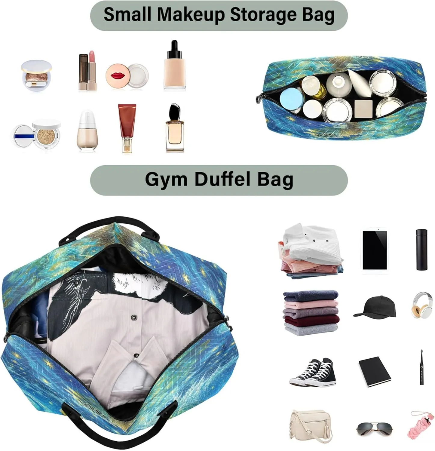 Sea Turtle Starry Night Van Gogh Travel Duffel Bags Makeup Pouch Set of 2, Animal Womens Garment Duffel Bag Overnight Hospital Bag