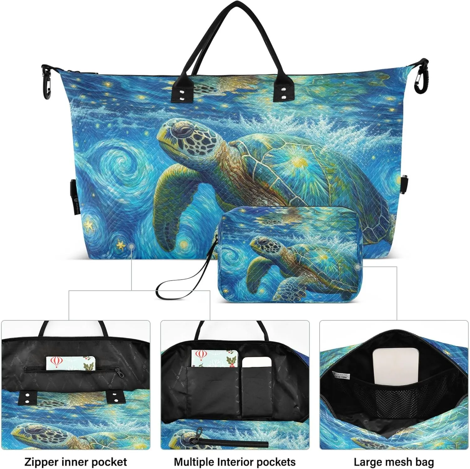 Sea Turtle Starry Night Van Gogh Travel Duffel Bags Makeup Pouch Set of 2, Animal Womens Garment Duffel Bag Overnight Hospital Bag