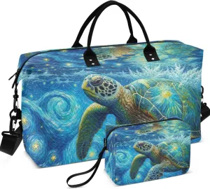 Sea Turtle Starry Night Van Gogh Travel Duffel Bags Makeup Pouch Set of 2, Animal Womens Garment Duffel Bag Overnight Hospital Bag