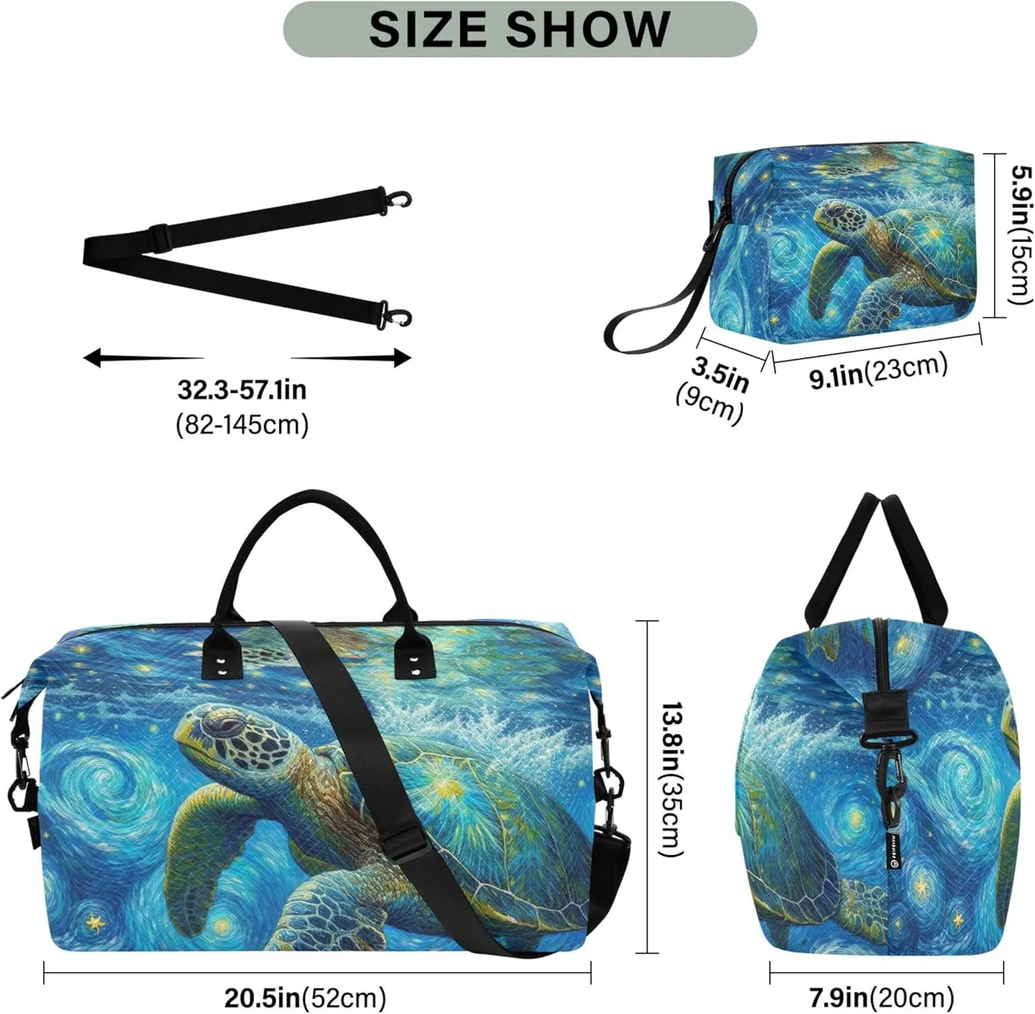 Sea Turtle Starry Night Van Gogh Travel Duffel Bags Makeup Pouch Set of 2, Animal Womens Garment Duffel Bag Overnight Hospital Bag
