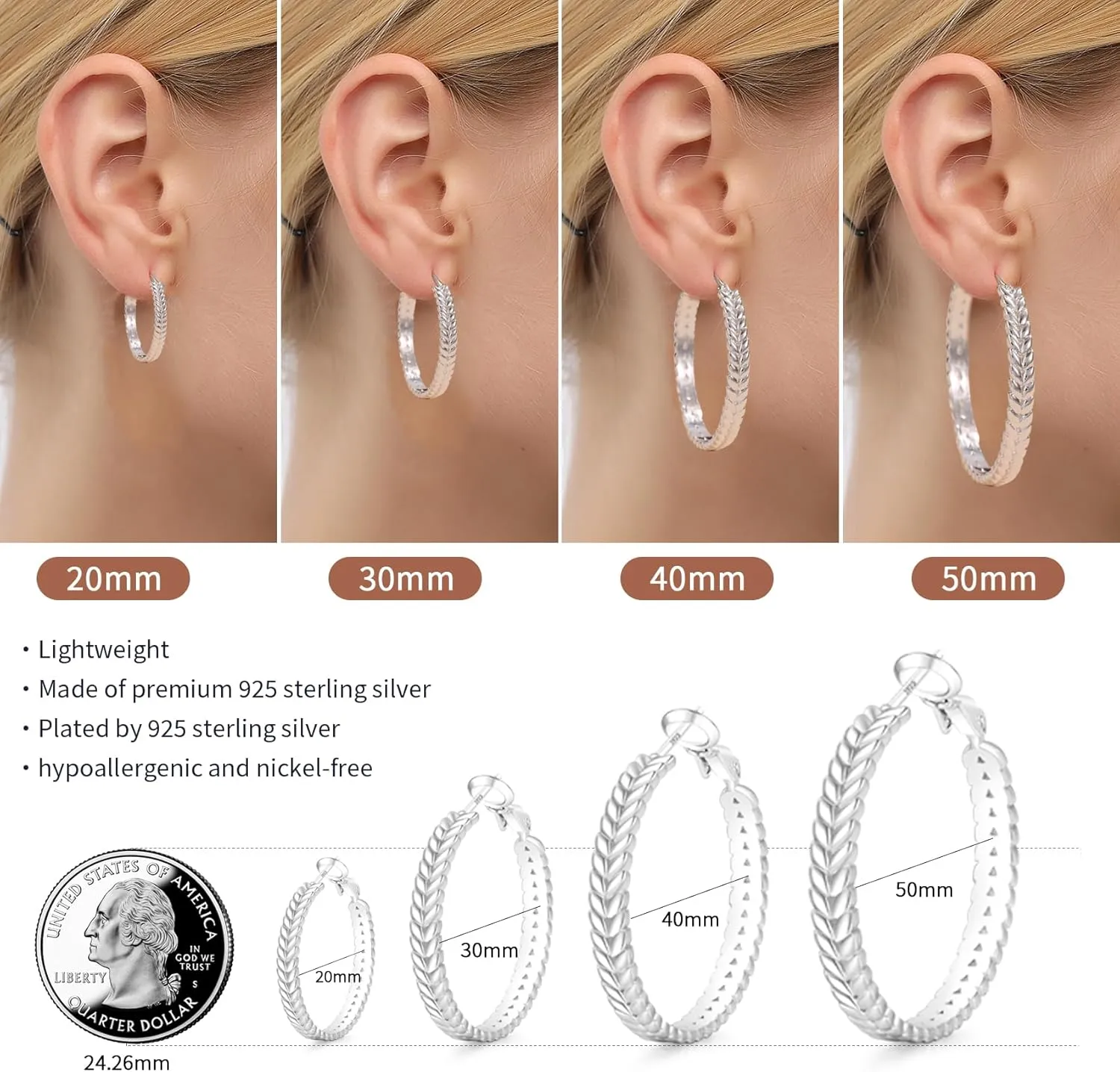 Senteria Large 925 Sterling Silver Hoop Earrings for Women Lightweight Thick Silver Hoop Earrings Wheat Twisted Hoop Earrings Hypoallergenic 5mm Wide Big Silver Hoop Earrings for Women 30/40/50mm