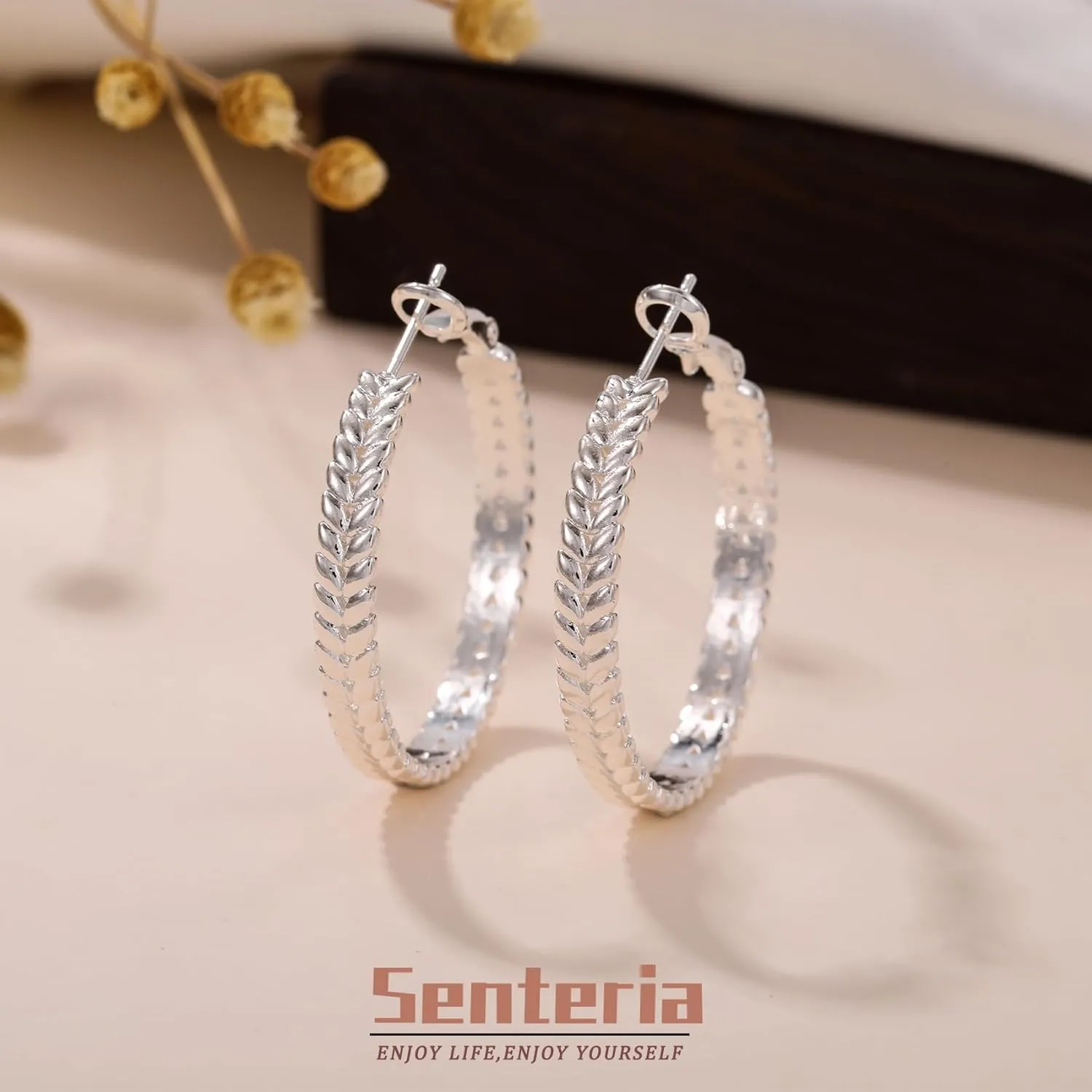 Senteria Large 925 Sterling Silver Hoop Earrings for Women Lightweight Thick Silver Hoop Earrings Wheat Twisted Hoop Earrings Hypoallergenic 5mm Wide Big Silver Hoop Earrings for Women 30/40/50mm