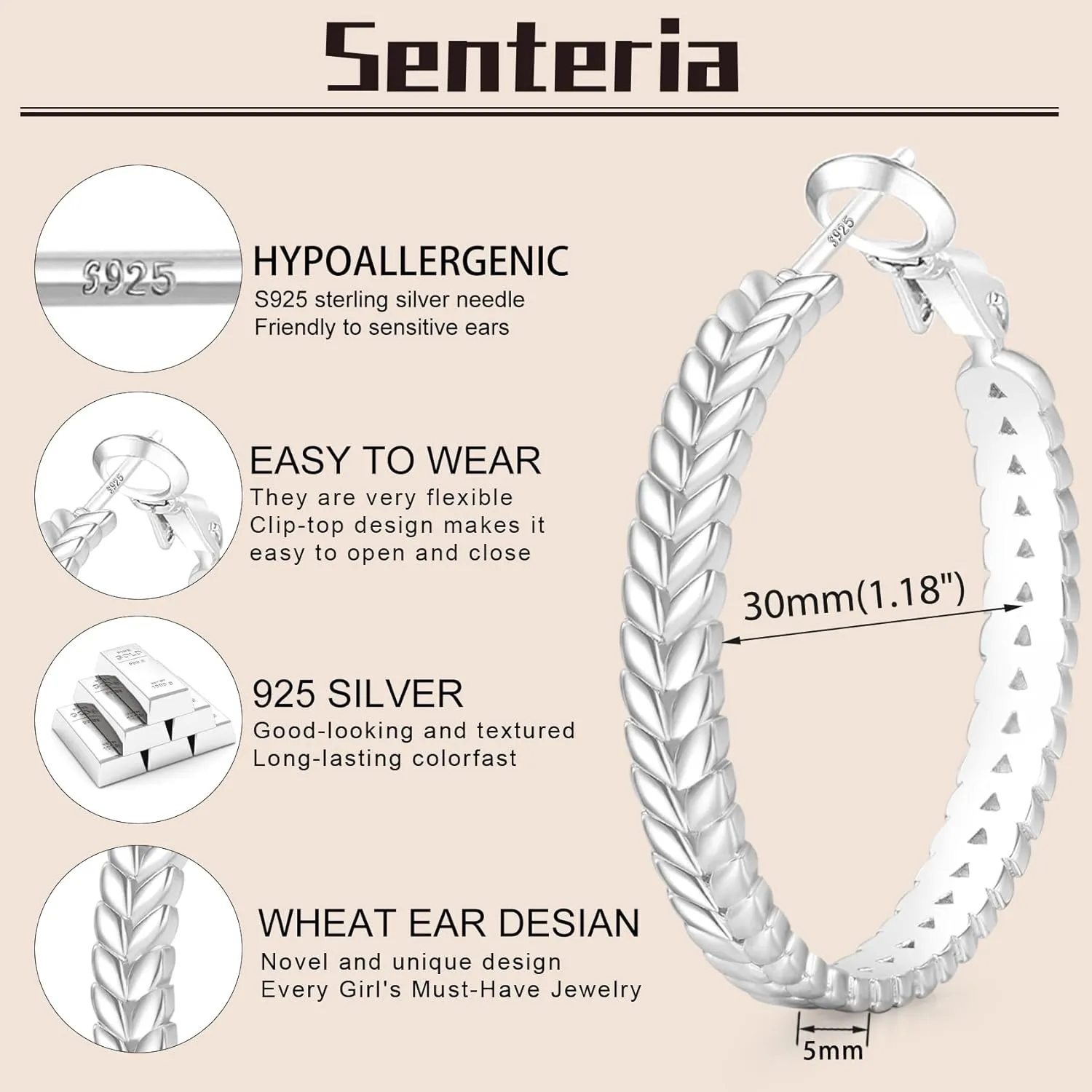 Senteria Large 925 Sterling Silver Hoop Earrings for Women Lightweight Thick Silver Hoop Earrings Wheat Twisted Hoop Earrings Hypoallergenic 5mm Wide Big Silver Hoop Earrings for Women 30/40/50mm