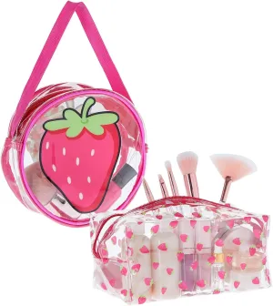 Set of 2 Strawberry Makeup Bag for Face Powder, Mascara, Lipgloss, Clear Travel Bags for Toiletries (2 Designs)