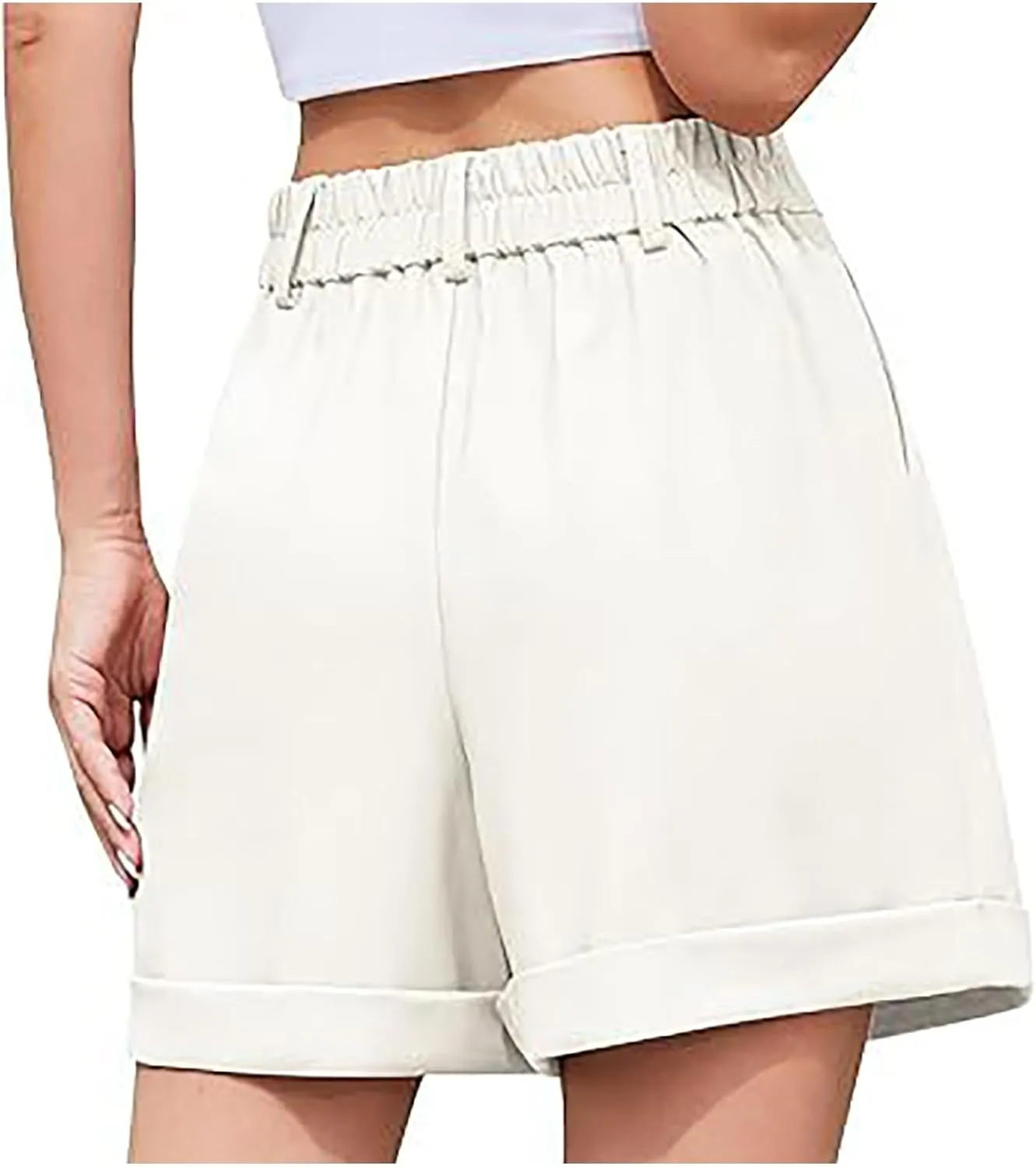 Shorts for Women Bermuda Short Casual Elastic High Waisted Wide Leg Shorts Knee Length Summer Short with Pockets