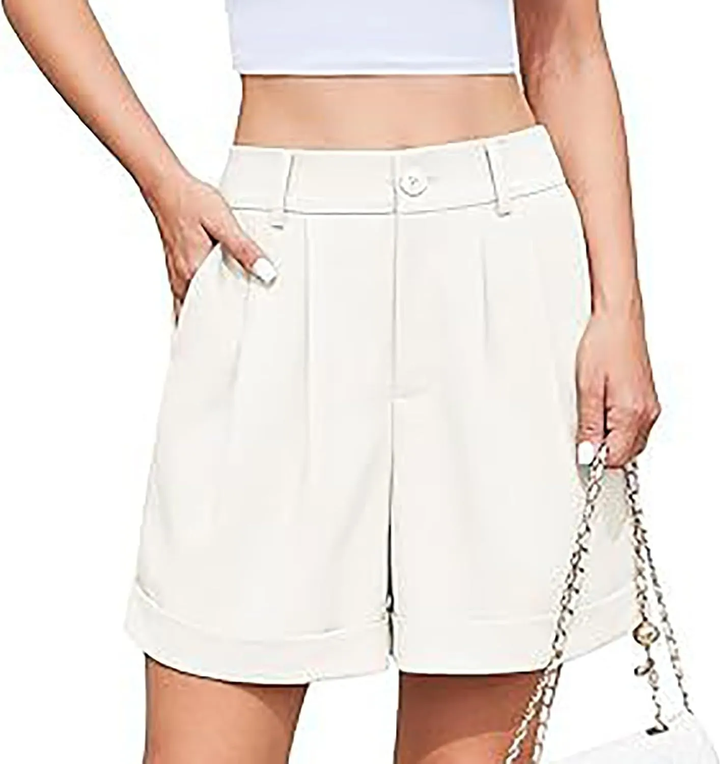 Shorts for Women Bermuda Short Casual Elastic High Waisted Wide Leg Shorts Knee Length Summer Short with Pockets