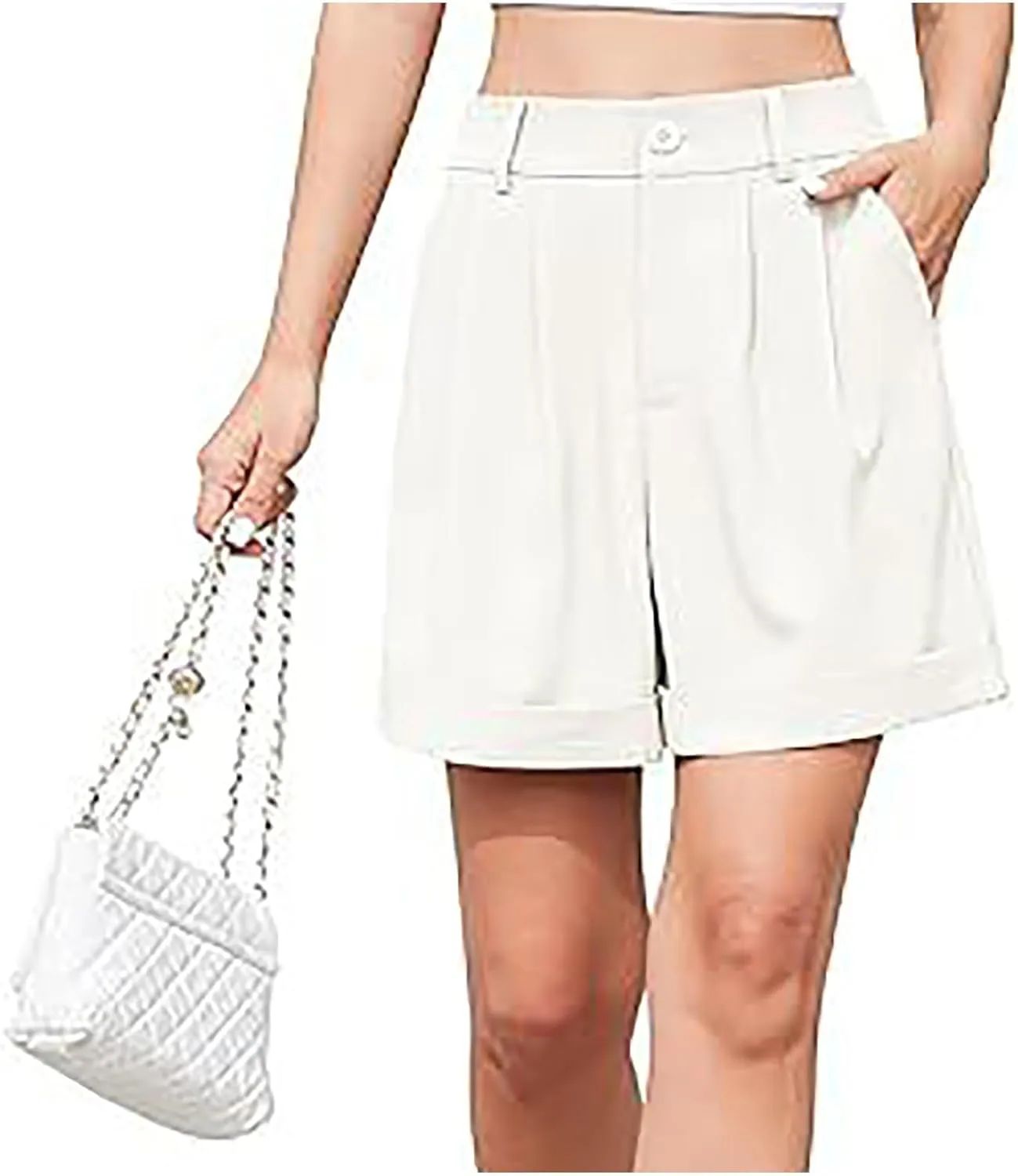 Shorts for Women Bermuda Short Casual Elastic High Waisted Wide Leg Shorts Knee Length Summer Short with Pockets