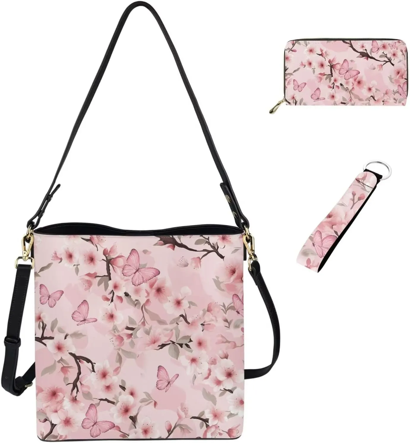Shoulder Bag for Women Travel 3 Pcs Leather Bucket Bag with Long Style Wallet and Wristlet Keychain