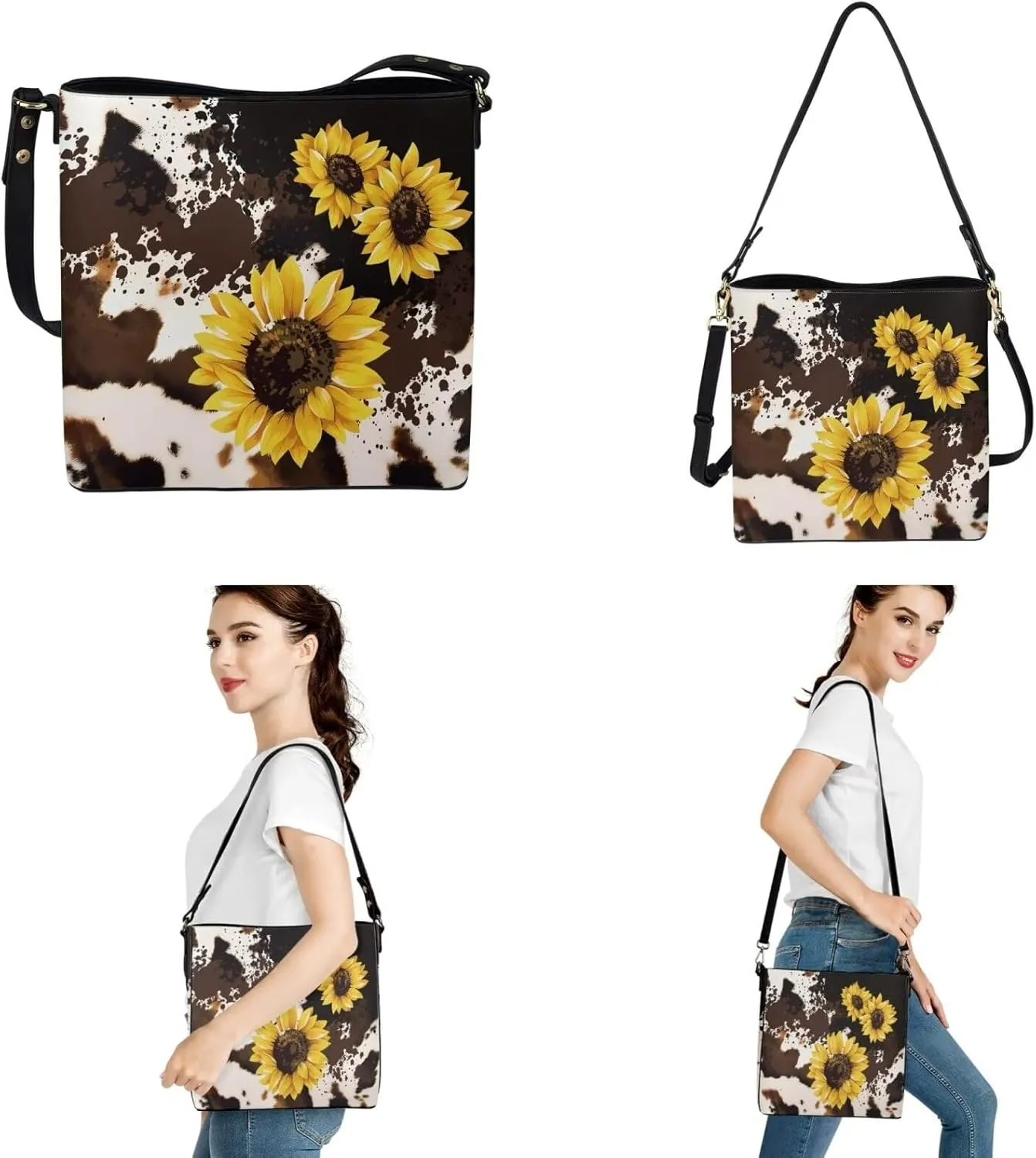 Shoulder Bag for Women Travel 3 Pcs Leather Bucket Bag with Long Style Wallet and Wristlet Keychain