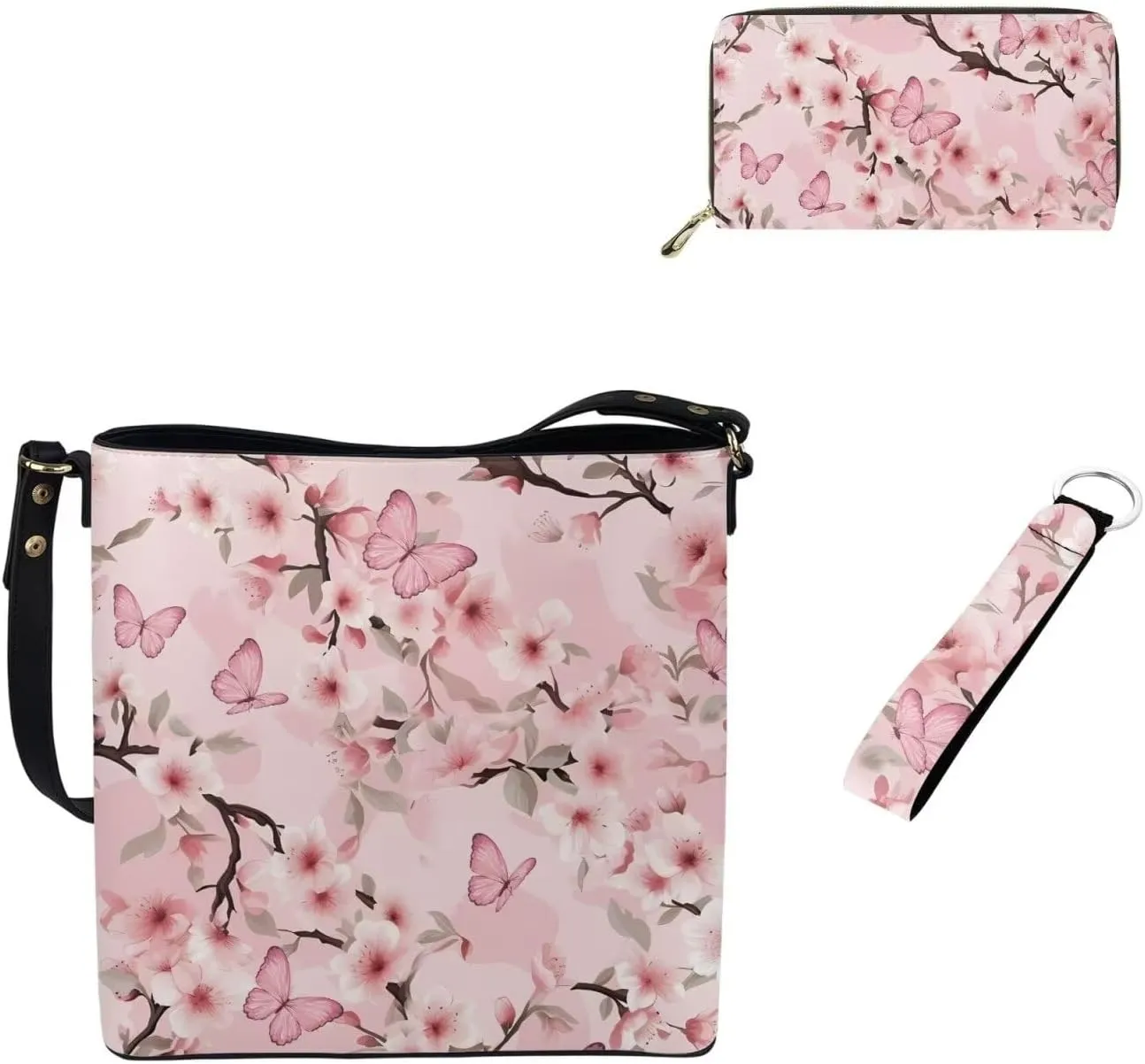 Shoulder Bag for Women Travel 3 Pcs Leather Bucket Bag with Long Style Wallet and Wristlet Keychain