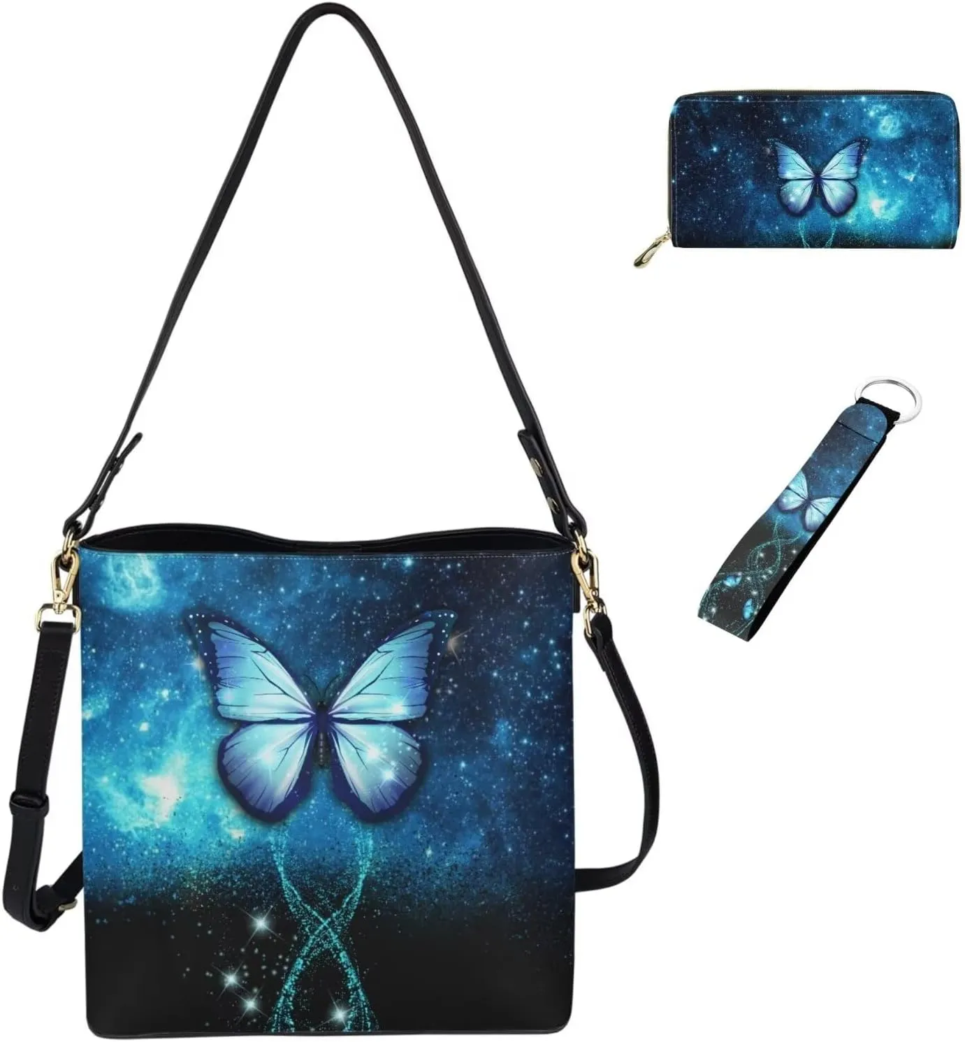 Shoulder Bag for Women Travel 3 Pcs Leather Bucket Bag with Long Style Wallet and Wristlet Keychain