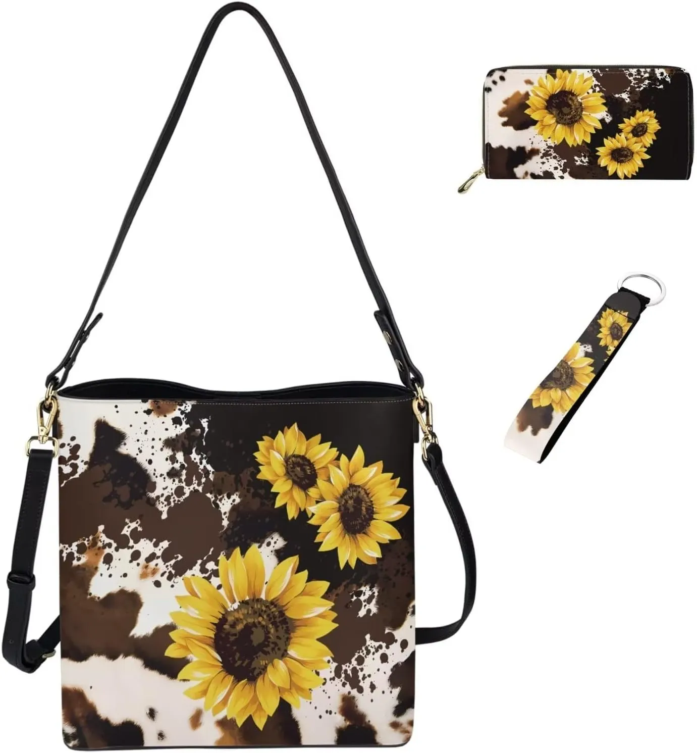 Shoulder Bag for Women Travel 3 Pcs Leather Bucket Bag with Long Style Wallet and Wristlet Keychain