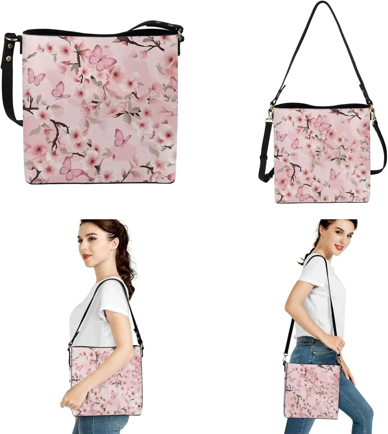 Shoulder Bag for Women Travel 3 Pcs Leather Bucket Bag with Long Style Wallet and Wristlet Keychain