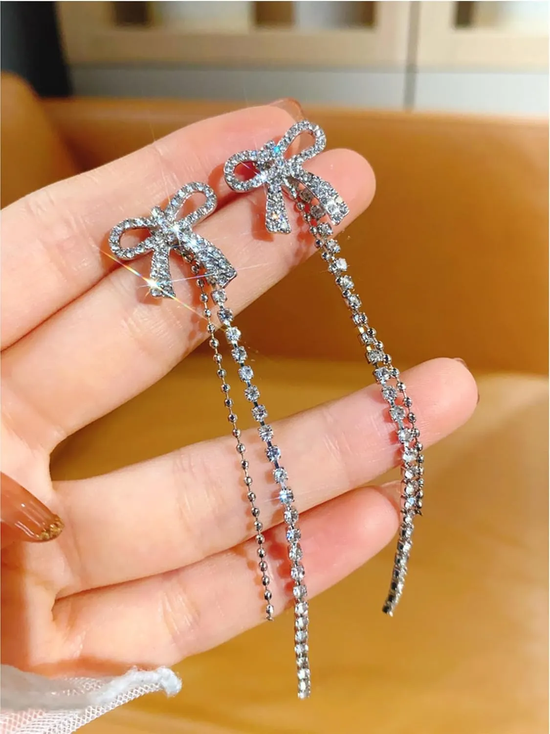 Silver Bow Earrings for Women Jewelry Rhinestone Dangle Earrings Trendy Bridal Bridesmaid Wedding Jewelry Party Dress Outfits Accessories