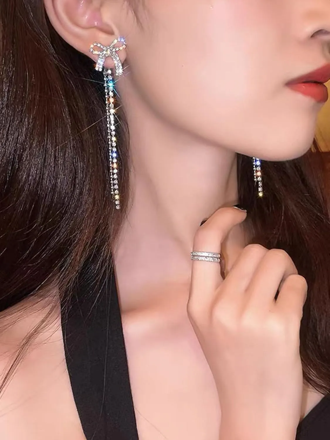 Silver Bow Earrings for Women Jewelry Rhinestone Dangle Earrings Trendy Bridal Bridesmaid Wedding Jewelry Party Dress Outfits Accessories