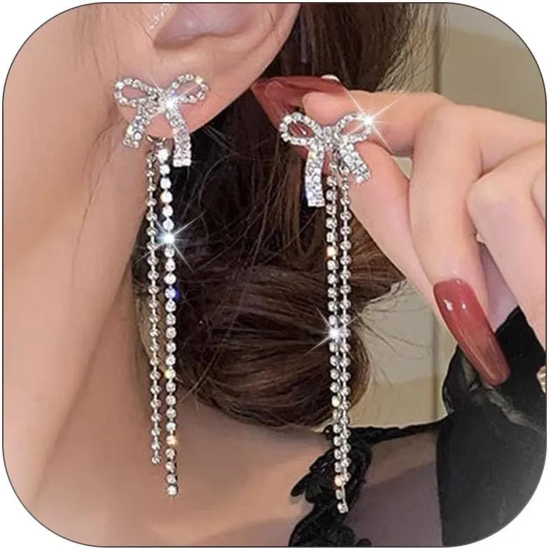 Silver Bow Earrings for Women Jewelry Rhinestone Dangle Earrings Trendy Bridal Bridesmaid Wedding Jewelry Party Dress Outfits Accessories