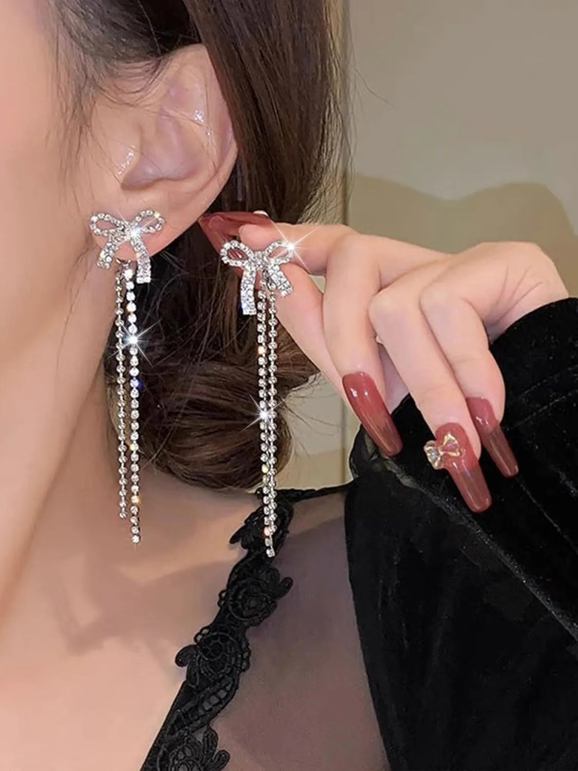 Silver Bow Earrings for Women Jewelry Rhinestone Dangle Earrings Trendy Bridal Bridesmaid Wedding Jewelry Party Dress Outfits Accessories
