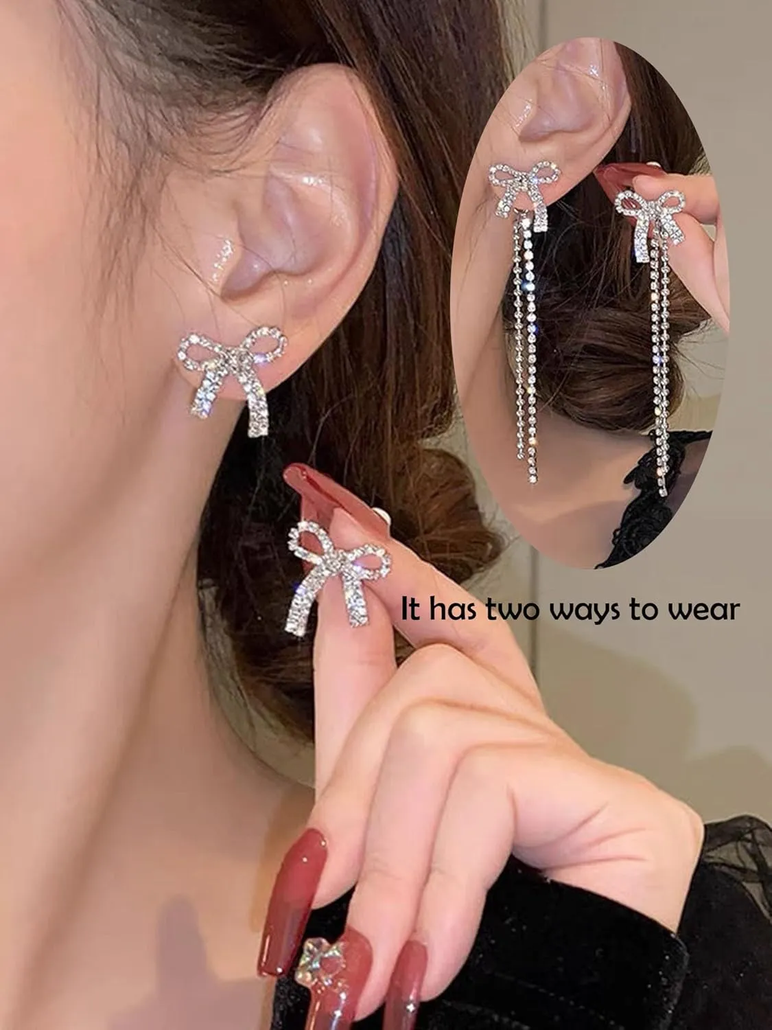 Silver Bow Earrings for Women Jewelry Rhinestone Dangle Earrings Trendy Bridal Bridesmaid Wedding Jewelry Party Dress Outfits Accessories