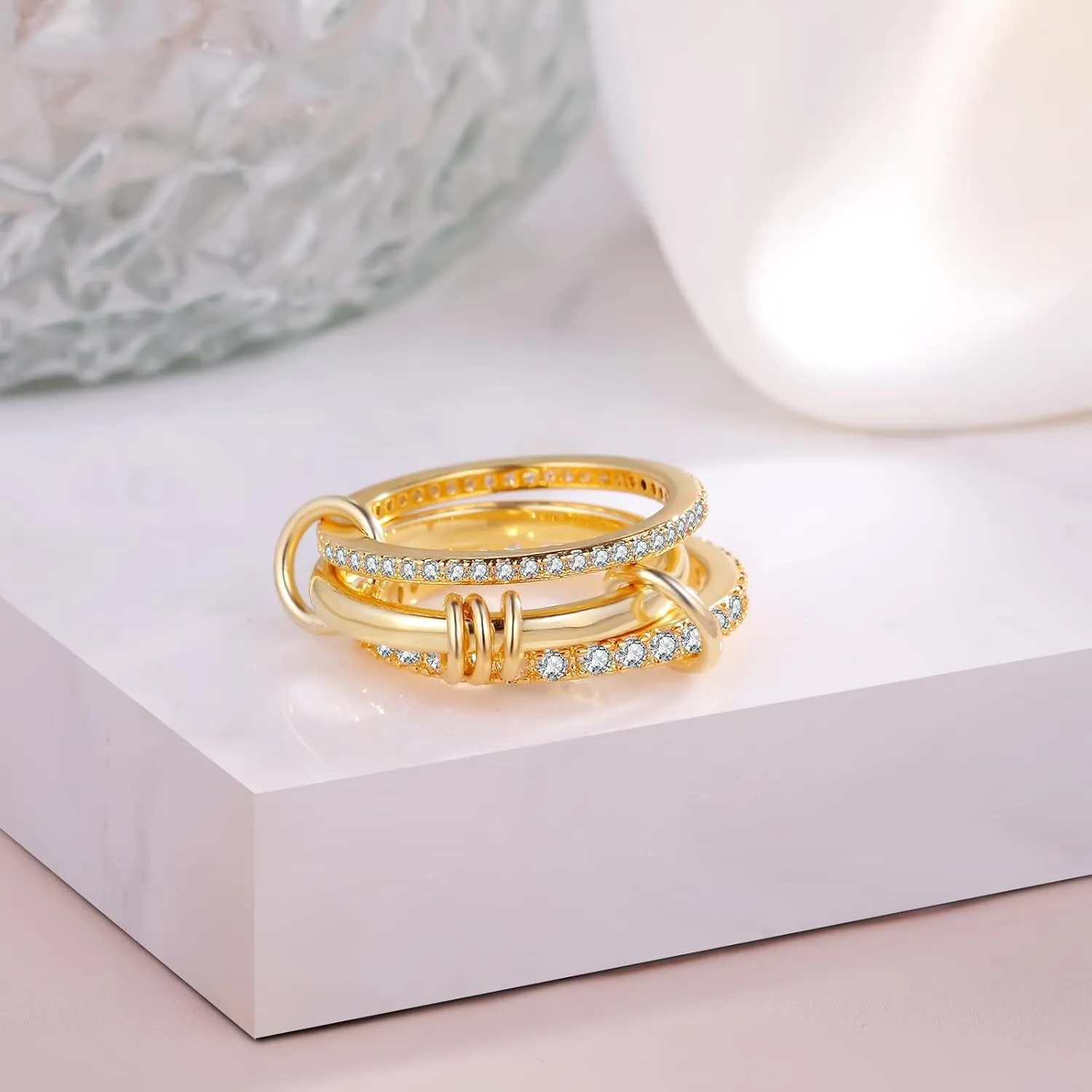 Silver Gold Stackable Rings for Women Non Tarnish, Two Tone Rings for Women Dainty Bands, 18k Gold Plated 3 Rings Set with CZ Cubic Zirconia Band for Casual to Formal Occasions