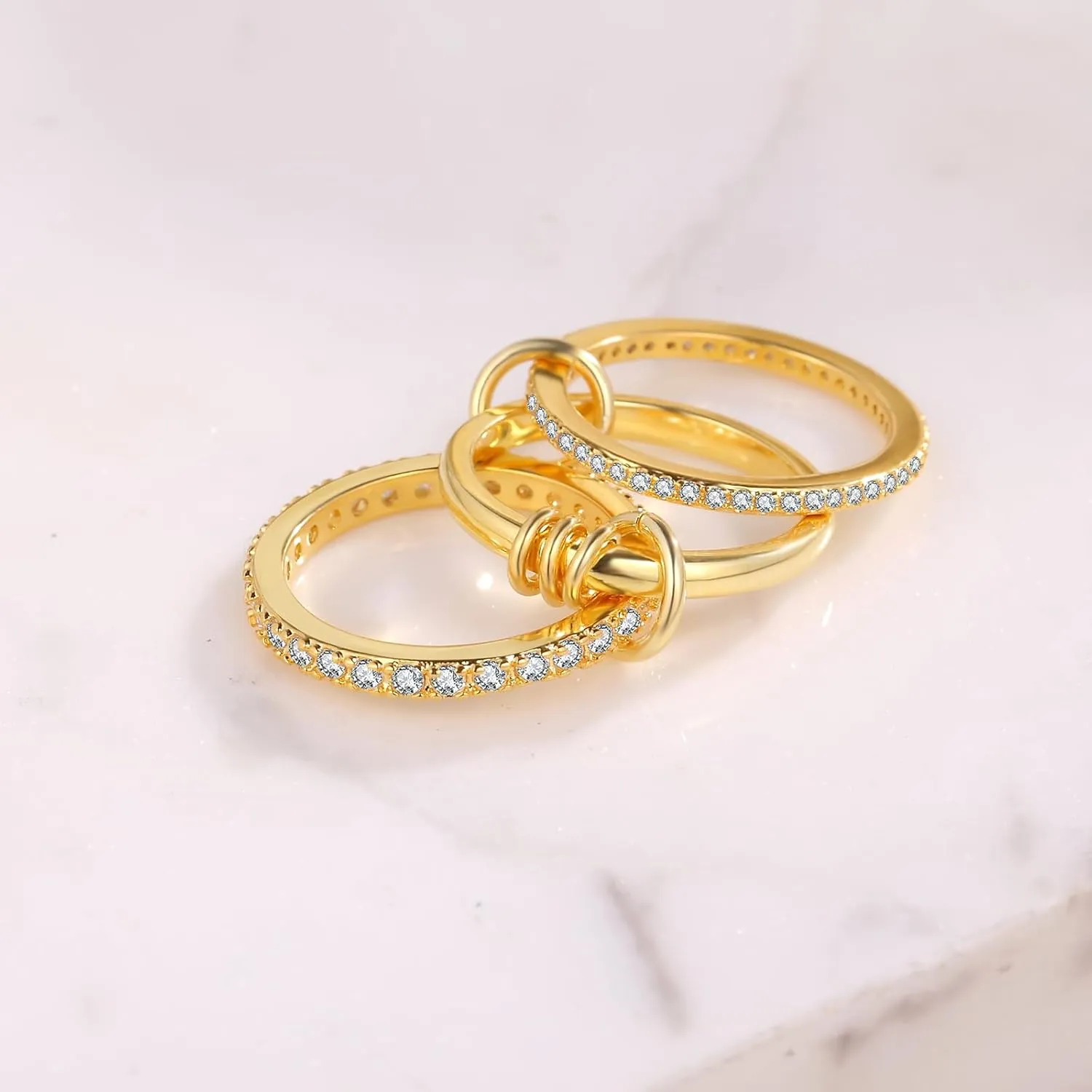 Silver Gold Stackable Rings for Women Non Tarnish, Two Tone Rings for Women Dainty Bands, 18k Gold Plated 3 Rings Set with CZ Cubic Zirconia Band for Casual to Formal Occasions