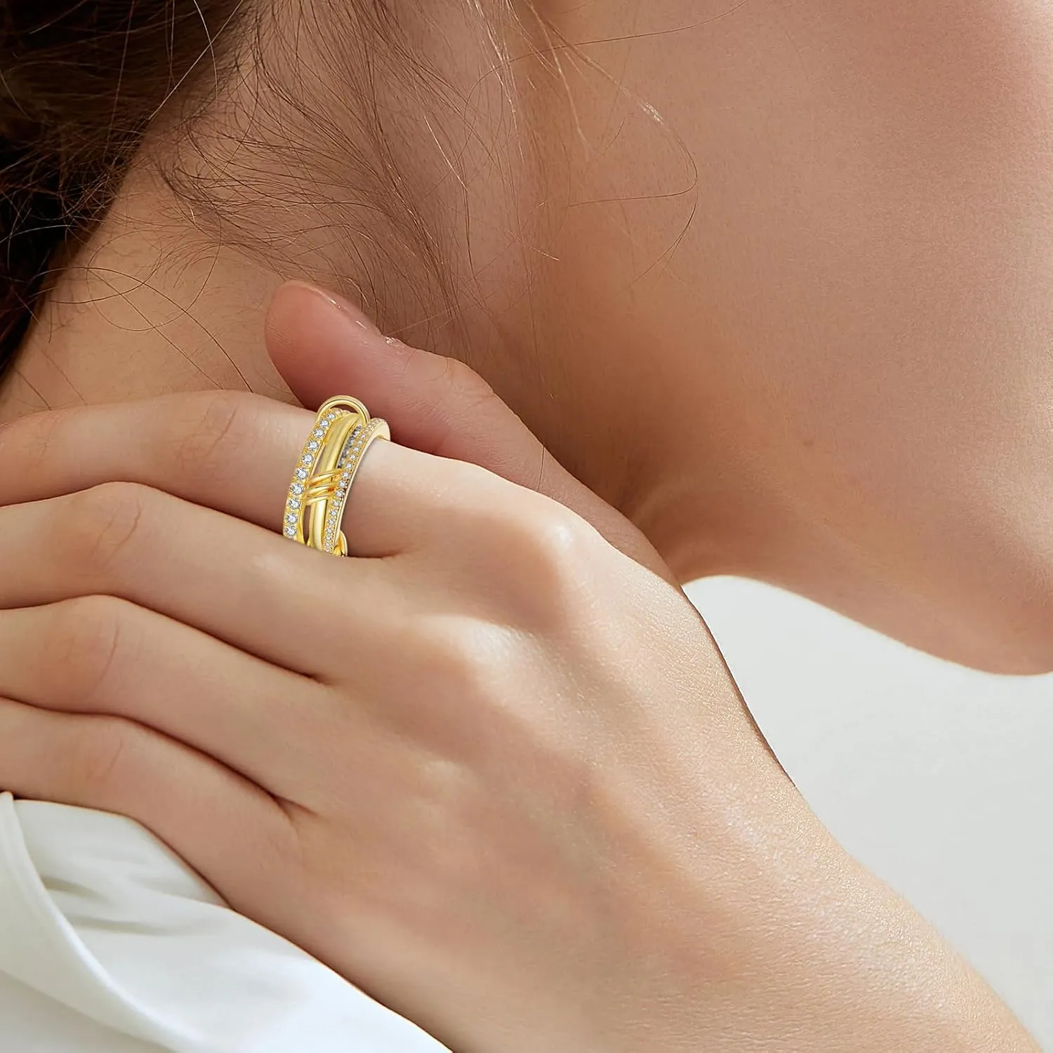 Silver Gold Stackable Rings for Women Non Tarnish, Two Tone Rings for Women Dainty Bands, 18k Gold Plated 3 Rings Set with CZ Cubic Zirconia Band for Casual to Formal Occasions