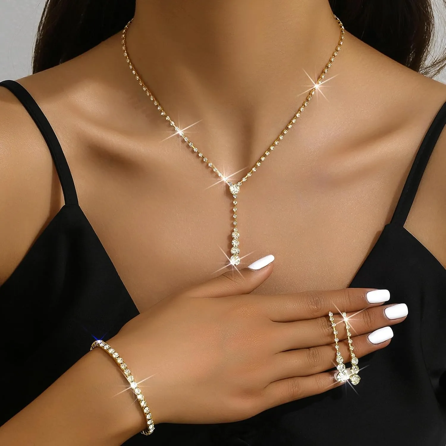 Silver Jewelry Set Wedding Jewelry Sets for Brides Bridesmaid Rhinestone Crystal Statement Choker Necklace Earrings Bracelet Set Bridal Wedding Prom Jewelry Accessories for Women