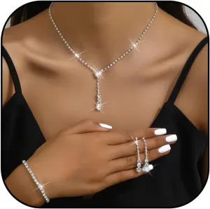 Silver Jewelry Set Wedding Jewelry Sets for Brides Bridesmaid Rhinestone Crystal Statement Choker Necklace Earrings Bracelet Set Bridal Wedding Prom Jewelry Accessories for Women