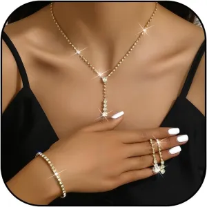 Silver Jewelry Set Wedding Jewelry Sets for Brides Bridesmaid Rhinestone Crystal Statement Choker Necklace Earrings Bracelet Set Bridal Wedding Prom Jewelry Accessories for Women