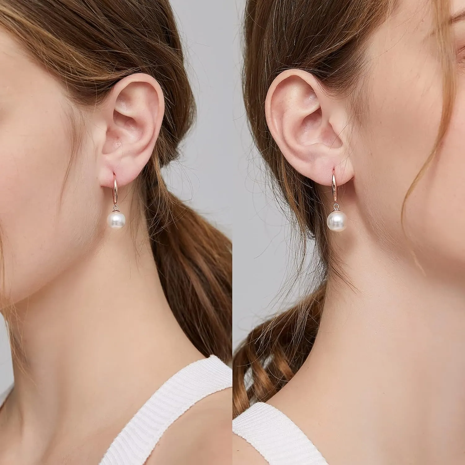 Silver Pearl Dangle Drop Earrings for Women 925 Sterling Silver Pearl Hoop Earrings Cubic Zirconia Pearl Dangling Earrings 10MM