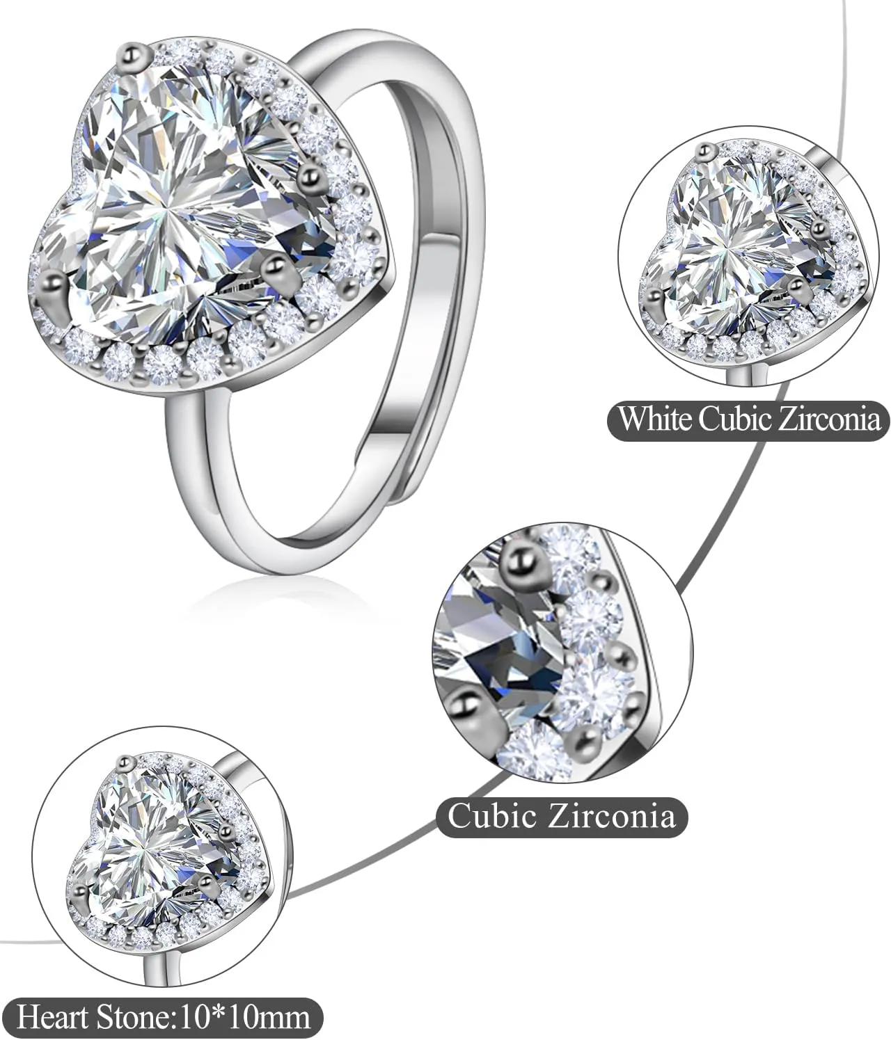 Simulated Gemstone Birthstone Adjustable Rings for Women 10 * 10mm Heart Promise Rings for Her, 925 Sterling Silver Plated Engagement Rings for Women Birthday Jewelry Gifts