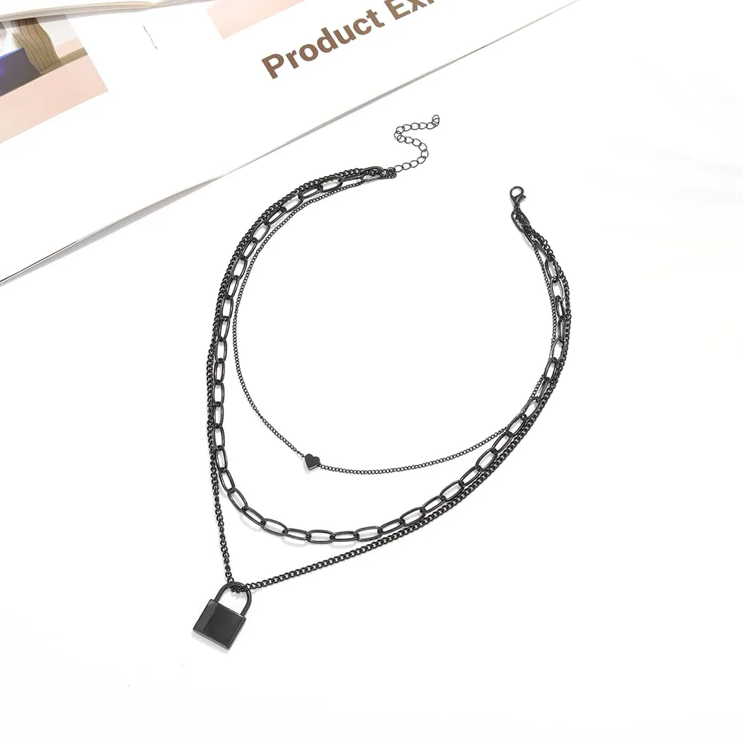 Sixexey Black Necklace Jewelry Layered Chain Necklaces Lock Gothic Necklace Jewelry Accessories for Women