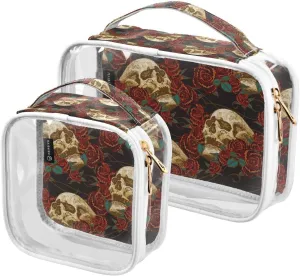 Skull-roses Pattern 2 Pieces Clear Makeup Cosmetic Bags for Traveling Vacation Organizing, Toiletry Bags for Women Men, PVC Waterproof Travel Organizer