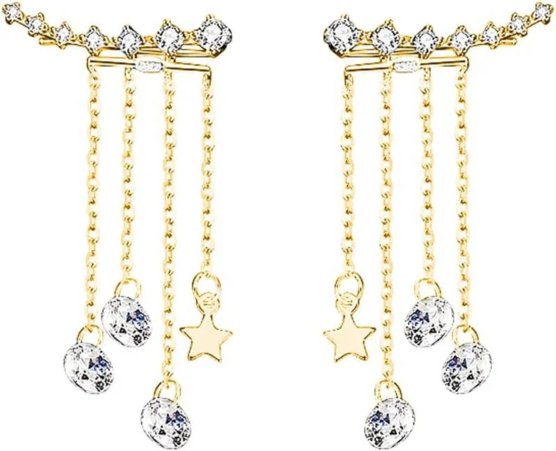 SLUYNZ 925 Sterling Silver 7 Crystals Cuff Earrings Tassell Chain for Women CZ Crawler Earrings Chain Climber Earrings