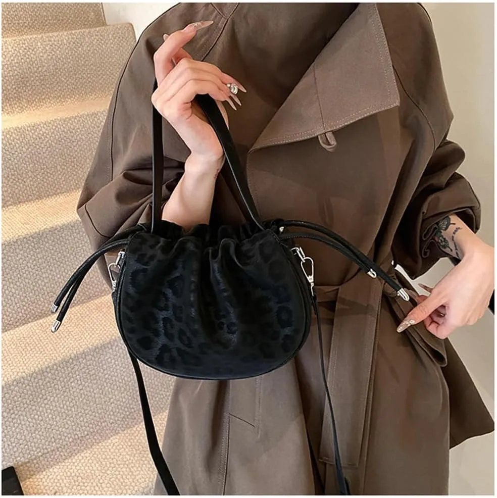 Small Leopard Drawstring Bucket Tote Bag Mini Cheetah Print Crossbody Drawstring Handbag and Purse Retro Leopard Purse