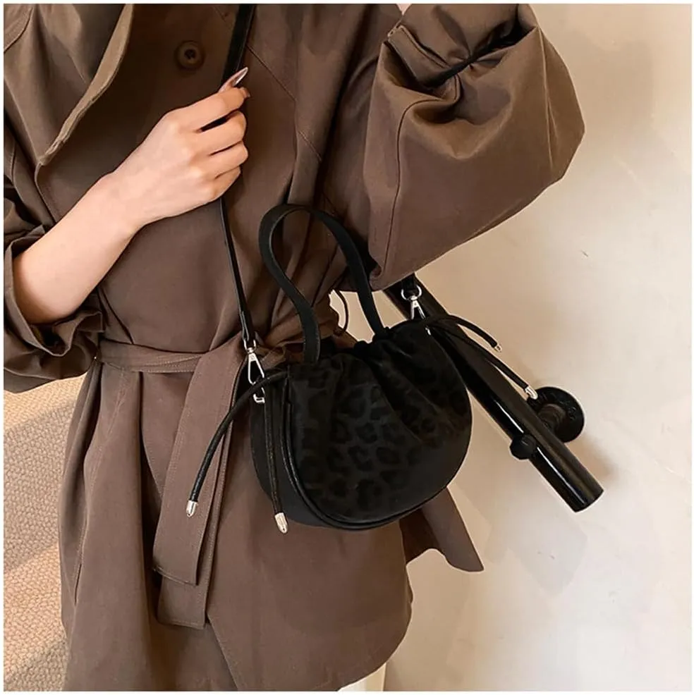 Small Leopard Drawstring Bucket Tote Bag Mini Cheetah Print Crossbody Drawstring Handbag and Purse Retro Leopard Purse