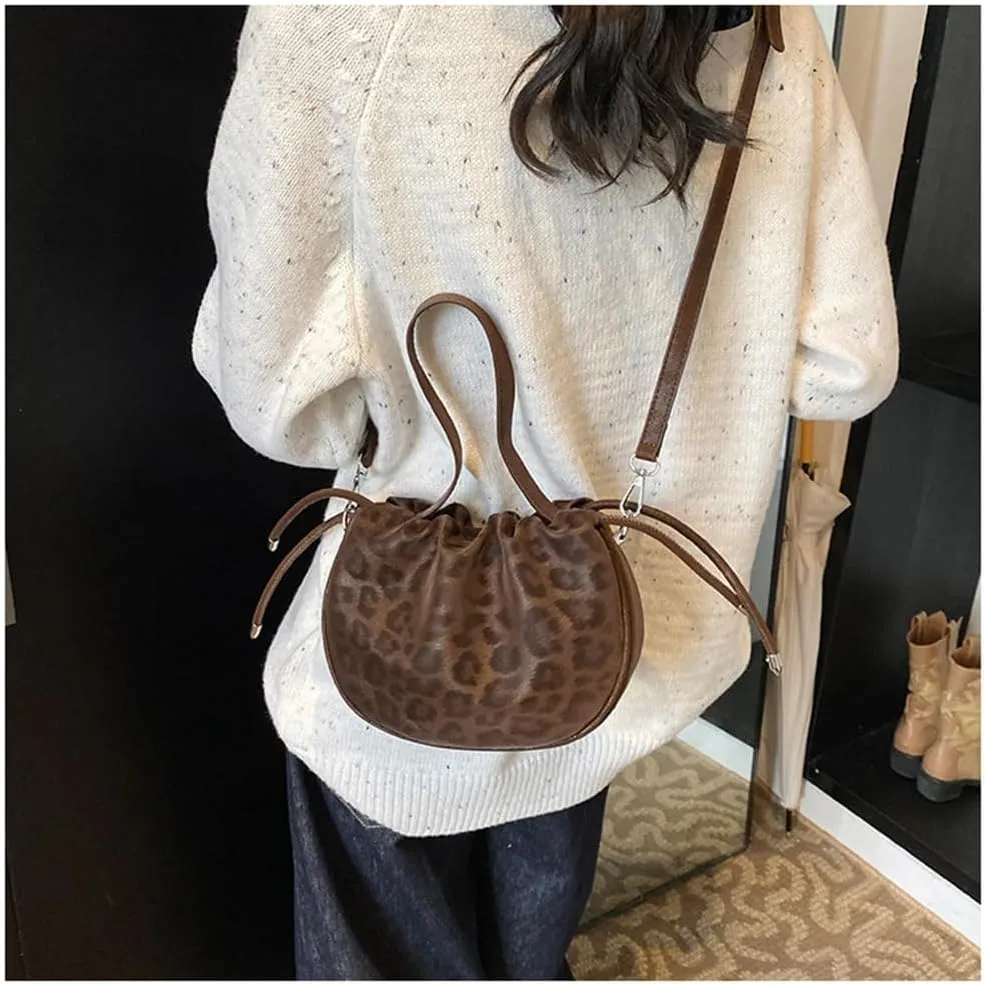 Small Leopard Drawstring Bucket Tote Bag Mini Cheetah Print Crossbody Drawstring Handbag and Purse Retro Leopard Purse