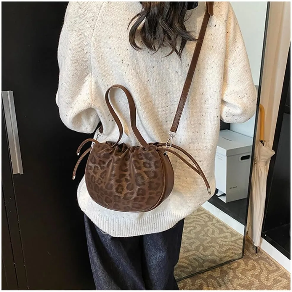 Small Leopard Drawstring Bucket Tote Bag Mini Cheetah Print Crossbody Drawstring Handbag and Purse Retro Leopard Purse